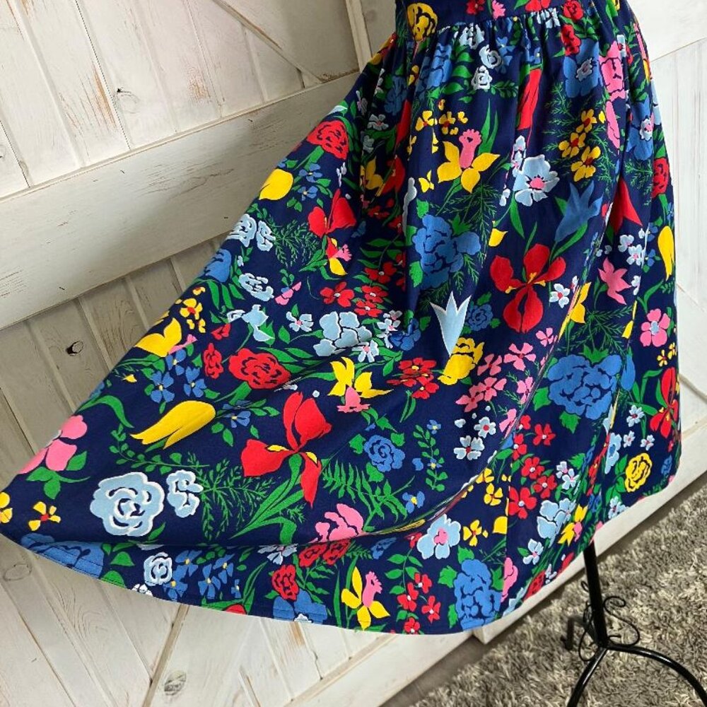70's Vintage EJE Cotton Rainbow Blue Floral Hawaiian Sundress Day Midi Dress - Picture 6 of 10